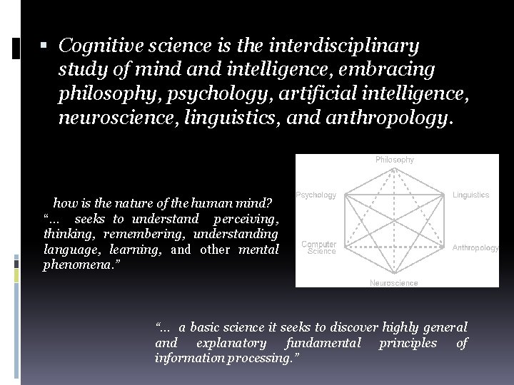  Cognitive science is the interdisciplinary study of mind and intelligence, embracing philosophy, psychology,