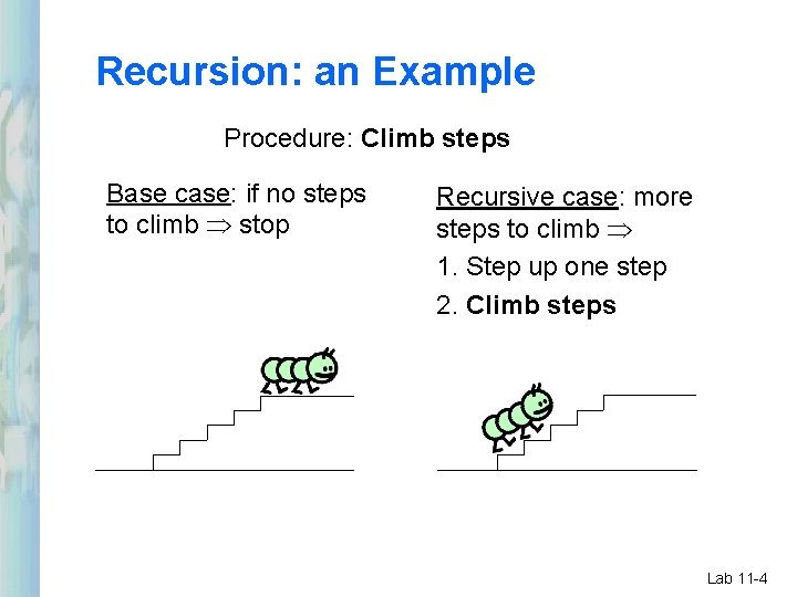 Recursion: an Example Procedure: Climb steps Base case: if no steps to climb stop Recursion: an Example Procedure: Climb steps Base case: if no steps to climb stop