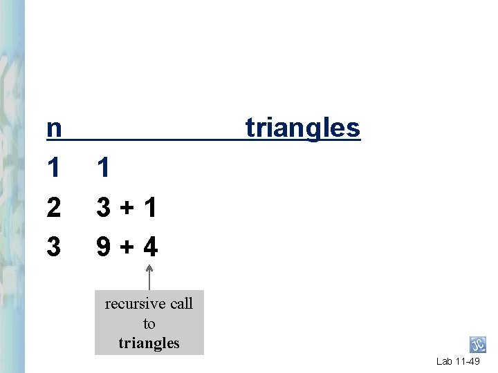 n 1 2 3 triangles 1 3+1 9+4 recursive call to triangles Lab 11 n 1 2 3 triangles 1 3+1 9+4 recursive call to triangles Lab 11