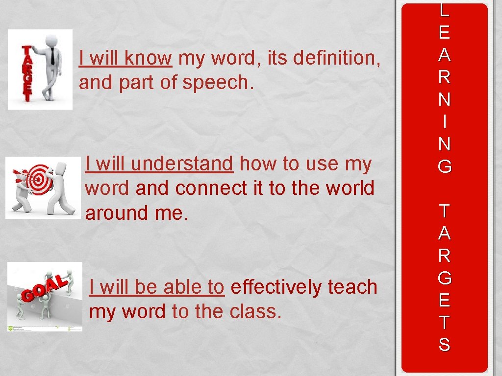 I will know my word, its definition, and part of speech. I will understand