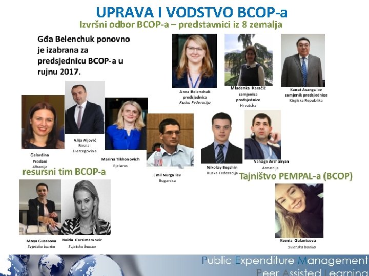 UPRAVA I VODSTVO BCOP-a Izvršni odbor BCOP-a – predstavnici iz 8 zemalja 