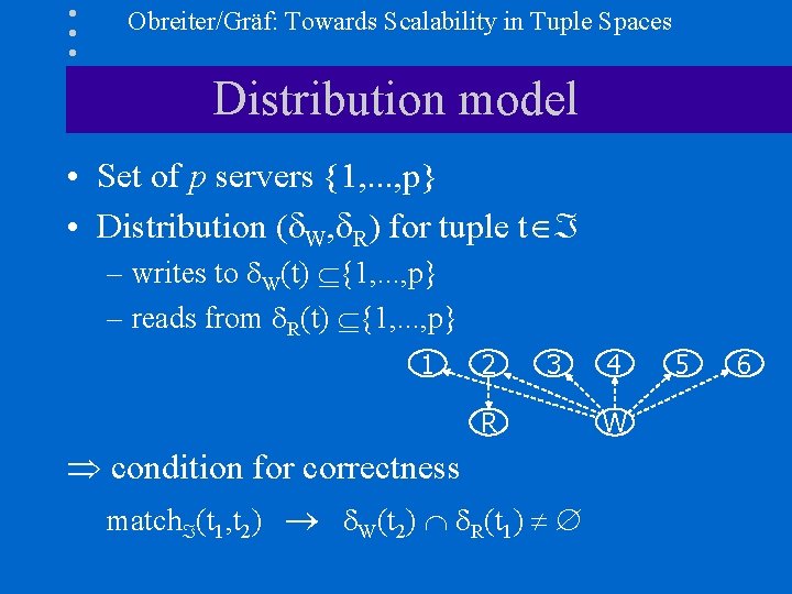 Obreiter/Gräf: Towards Scalability in Tuple Spaces Distribution model • Set of p servers {1,
