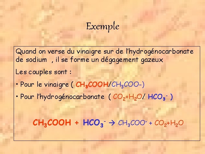 Exemple Quand on verse du vinaigre sur de l’hydrogénocarbonate de sodium , il se