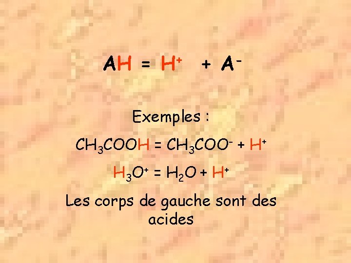 AH = H+ + AExemples : CH 3 COOH = CH 3 COO- +