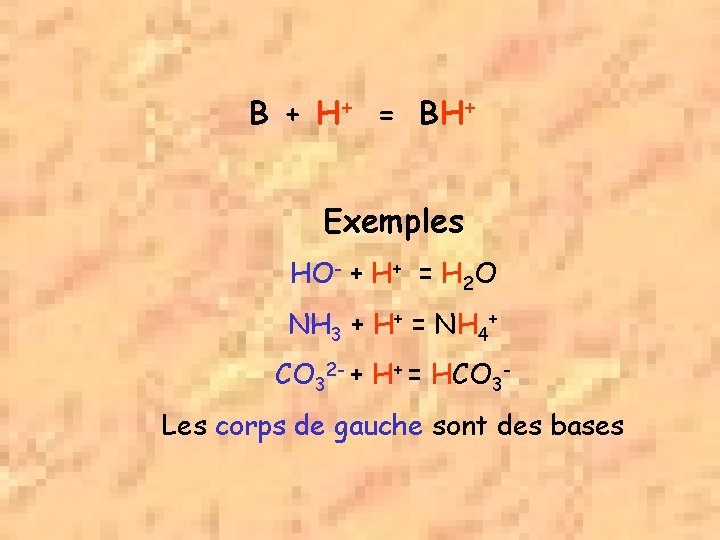 B + H+ = BH+ Exemples HO- + H+ = H 2 O NH