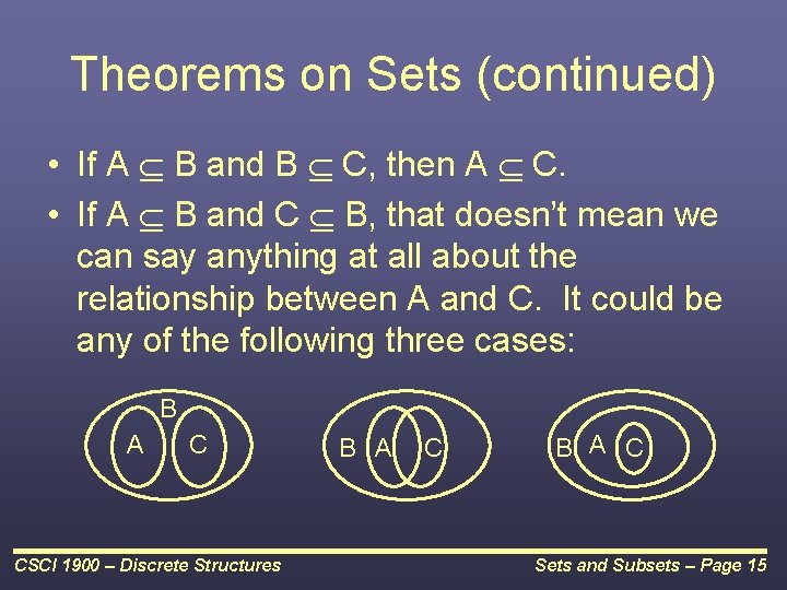 Theorems on Sets (continued) • If A B and B C, then A C.