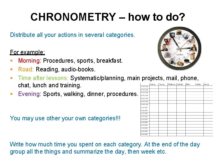 CHRONOMETRY – how to do? Distribute all your actions in several categories. For example: