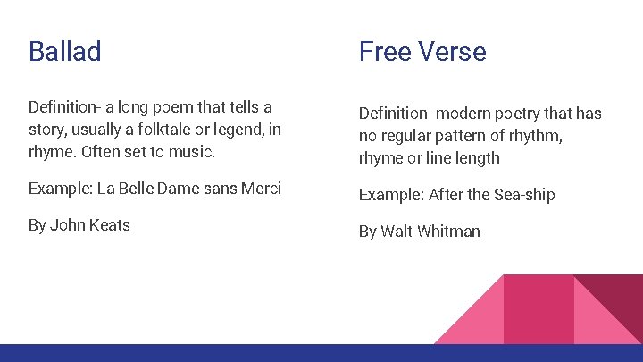 Ballad Free Verse Definition- a long poem that tells a story, usually a folktale
