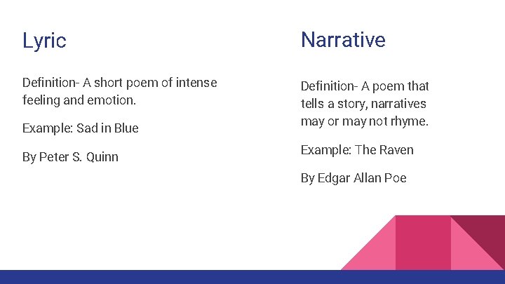 Lyric Narrative Definition- A short poem of intense feeling and emotion. Definition- A poem