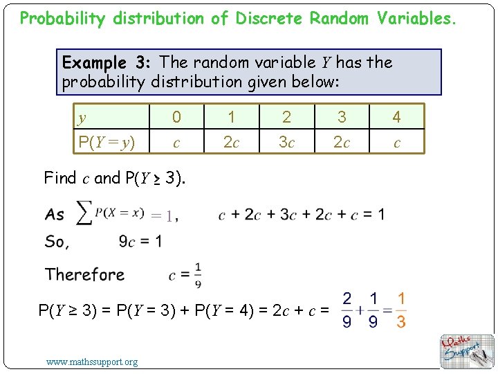 Probability distribution of Discrete Random Variables. Example 3: The random variable Y has the
