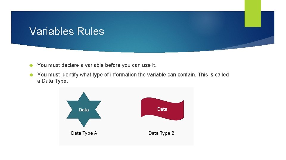 Variables Rules You must declare a variable before you can use it. You must