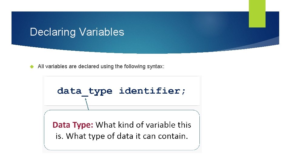 Declaring Variables All variables are declared using the following syntax: 
