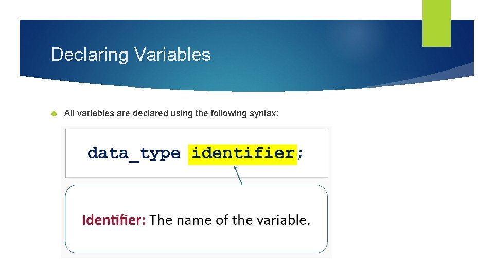 Declaring Variables All variables are declared using the following syntax: 