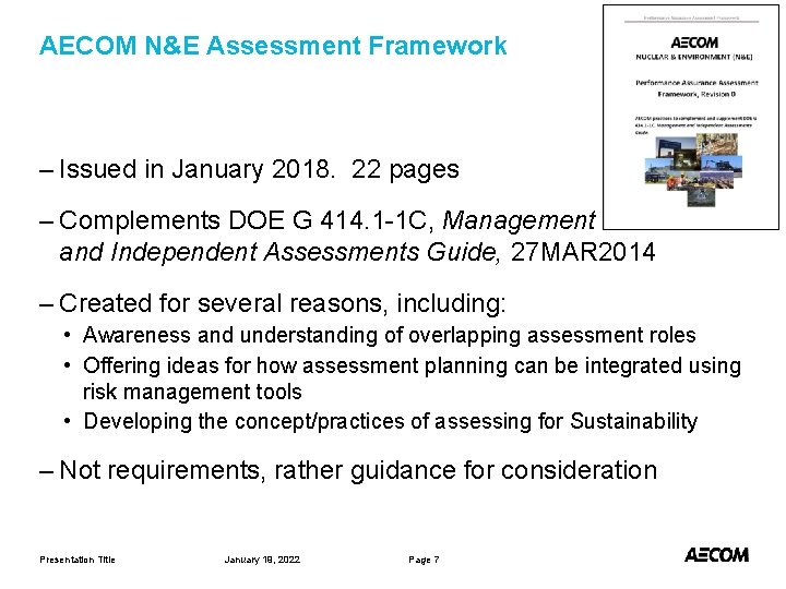 AECOM N&E Assessment Framework – Issued in January 2018. 22 pages – Complements DOE