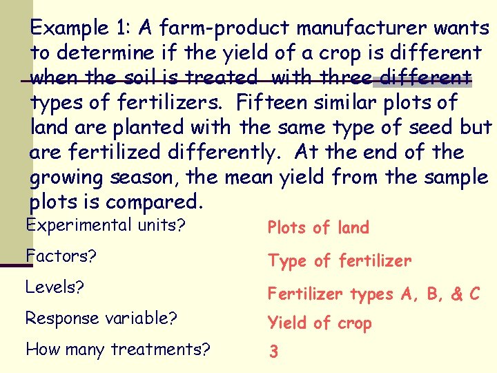 Example 1: A farm-product manufacturer wants to determine if the yield of a crop