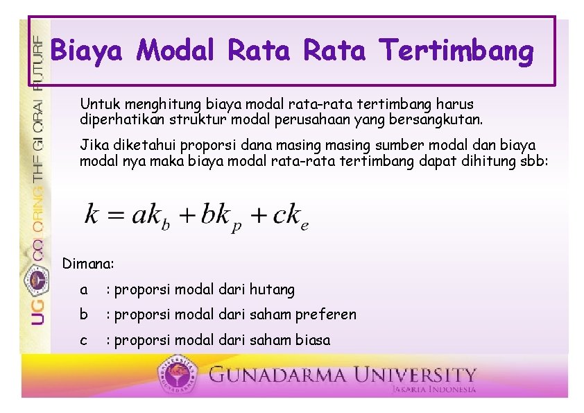 Biaya Modal Rata Tertimbang Untuk menghitung biaya modal rata-rata tertimbang harus diperhatikan struktur modal