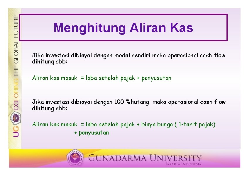 Menghitung Aliran Kas Jika investasi dibiayai dengan modal sendiri maka operasional cash flow dihitung