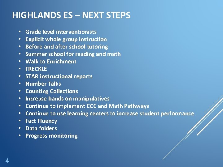 HIGHLANDS ES – NEXT STEPS • • • • 4 Grade level interventionists Explicit