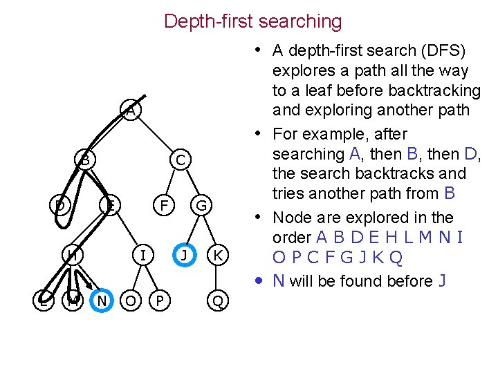 Depth-first searching • A depth-first search (DFS) A B D C E F H