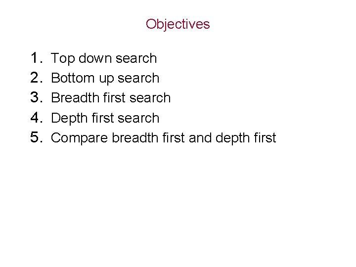 Objectives 1. 2. 3. 4. 5. Top down search Bottom up search Breadth first