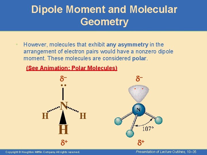 Dipole Moment and Molecular Geometry • However, molecules that exhibit any asymmetry in the