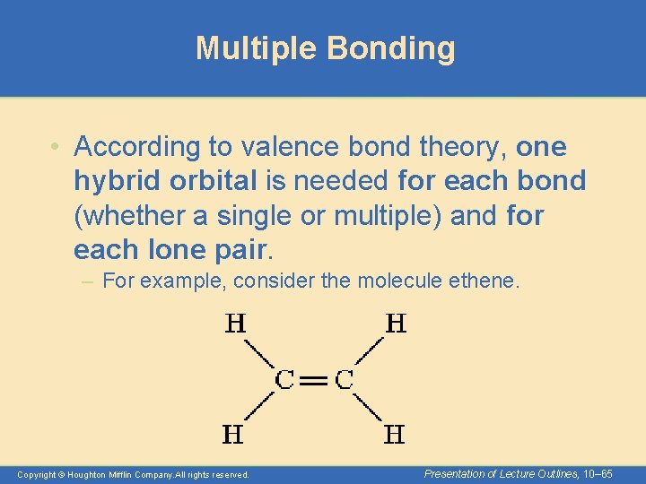 Multiple Bonding • According to valence bond theory, one hybrid orbital is needed for
