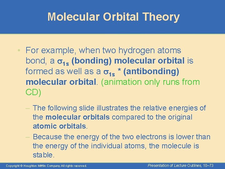Molecular Orbital Theory • For example, when two hydrogen atoms bond, a s 1