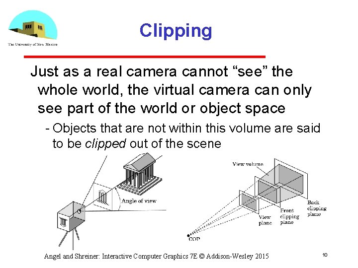 Clipping Just as a real camera cannot “see” the whole world, the virtual camera
