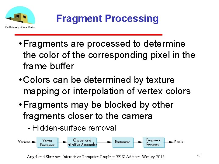 Fragment Processing • Fragments are processed to determine the color of the corresponding pixel