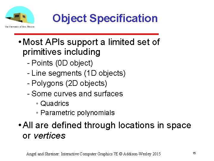 Object Specification • Most APIs support a limited set of primitives including Points (0