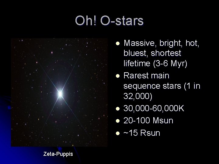 Oh! O-stars l l l Zeta-Puppis Massive, bright, hot, bluest, shortest lifetime (3 -6