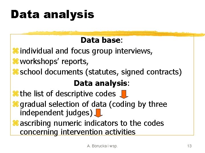 Data analysis Data base: z individual and focus group interviews, z workshops’ reports, z