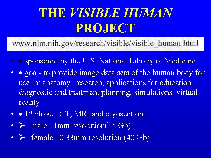 THE VISIBLE HUMAN PROJECT • · sponsored by the U. S. National Library of
