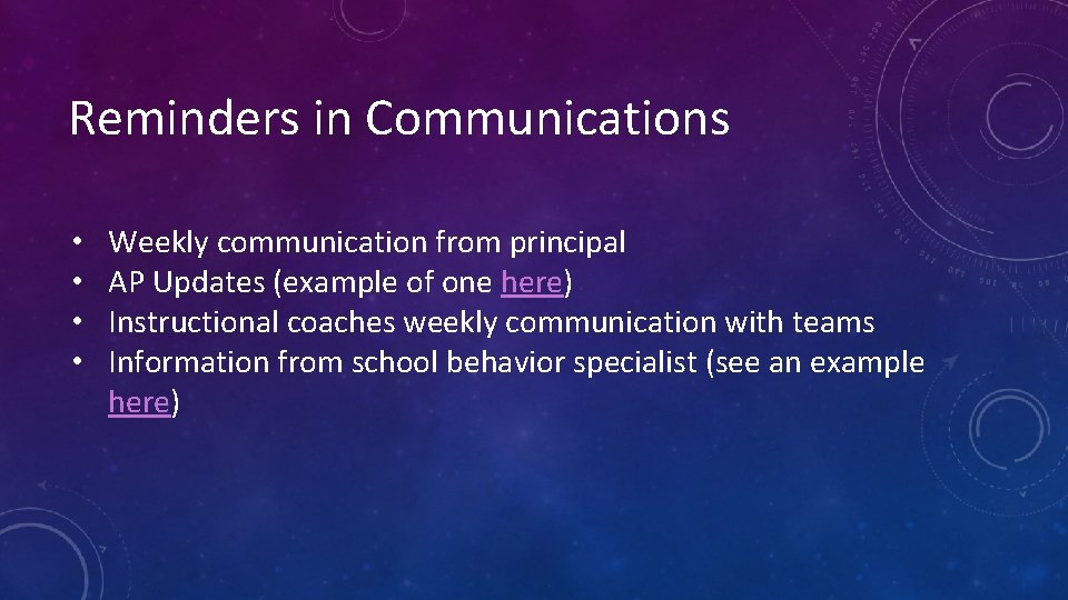 Reminders in Communications • • Weekly communication from principal AP Updates (example of one