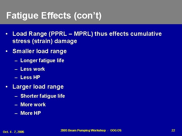 Fatigue Effects (con’t) • Load Range (PPRL – MPRL) thus effects cumulative stress (strain)