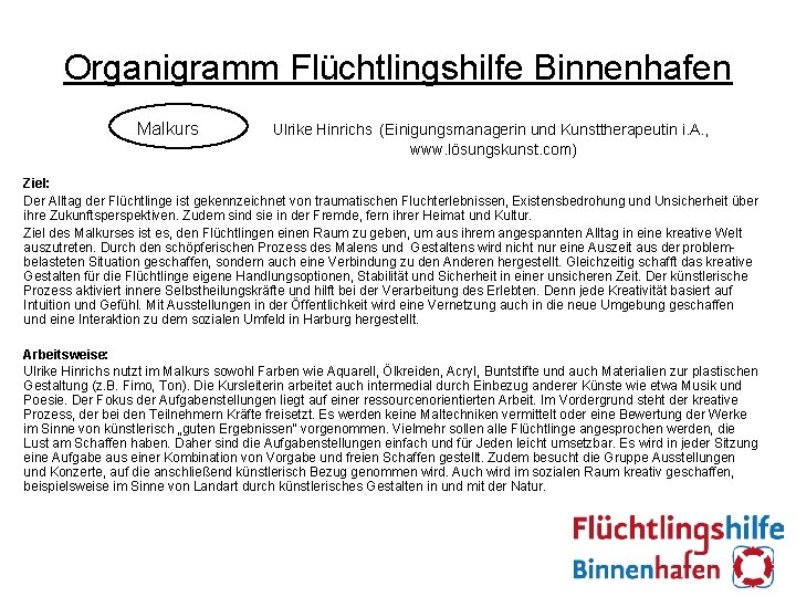 Organigramm Flüchtlingshilfe Binnenhafen Malkurs Ulrike Hinrichs (Einigungsmanagerin und Kunsttherapeutin i. A. , www. lösungskunst.