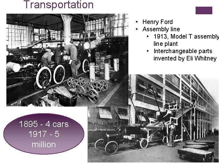 Transportation • Henry Ford • Assembly line • 1913, Model T assembly line plant