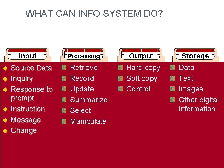 WHAT CAN INFO SYSTEM DO? Input u u u Source Data Inquiry Response to