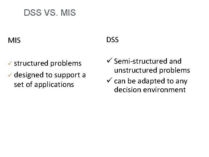 DSS VS. MIS DSS ü structured ü Semi-structured and unstructured problems ü can be