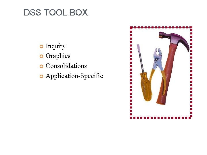 DSS TOOL BOX Inquiry Graphics Consolidations Application-Specific 20 