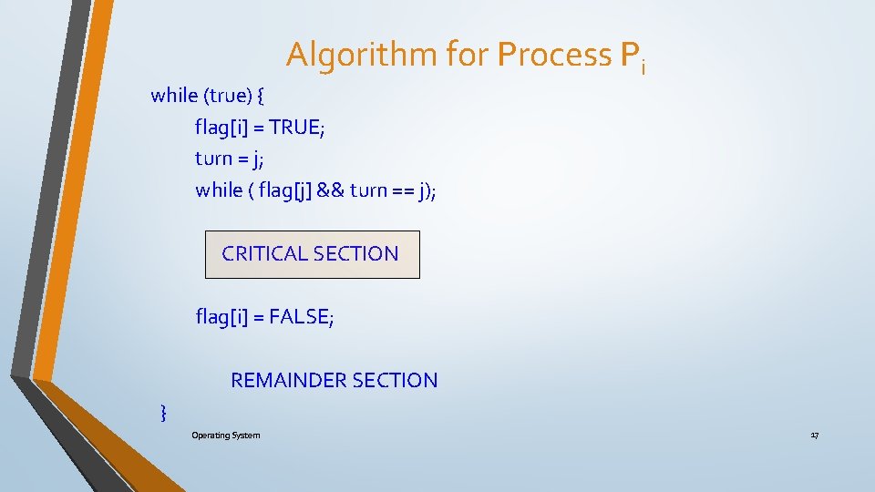 Algorithm for Process Pi while (true) { flag[i] = TRUE; turn = j; while