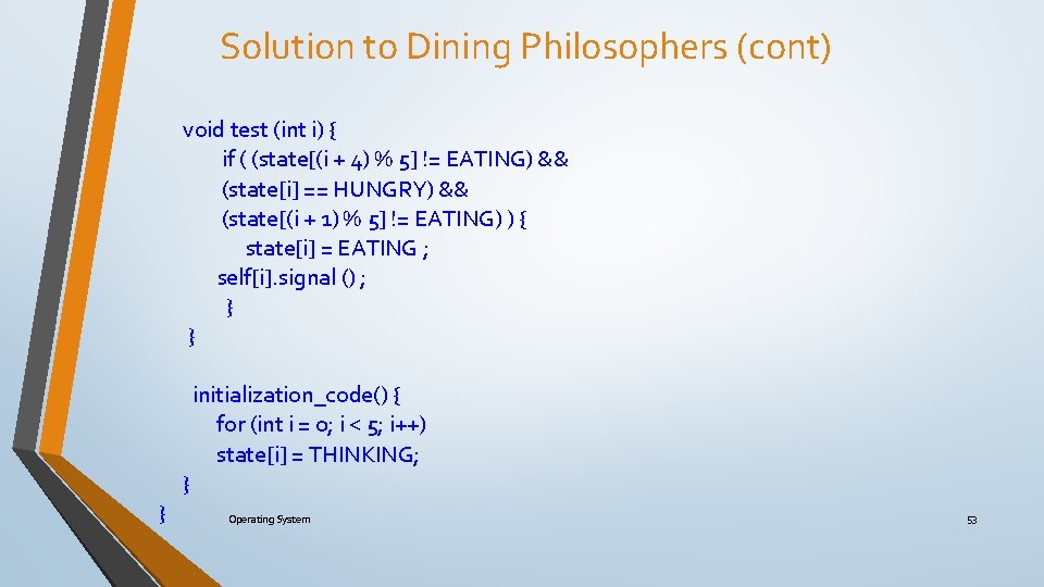 Solution to Dining Philosophers (cont) void test (int i) { if ( (state[(i +