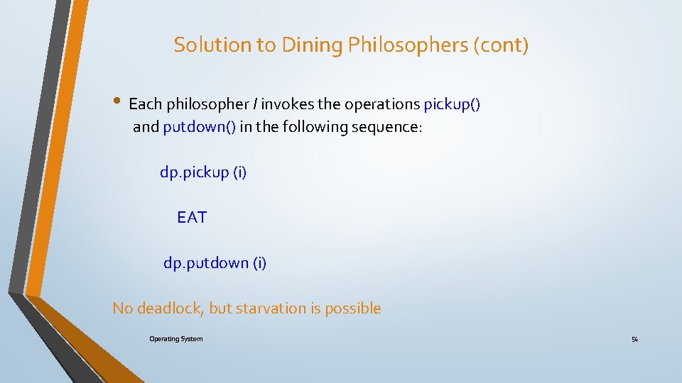 Solution to Dining Philosophers (cont) • Each philosopher I invokes the operations pickup() and