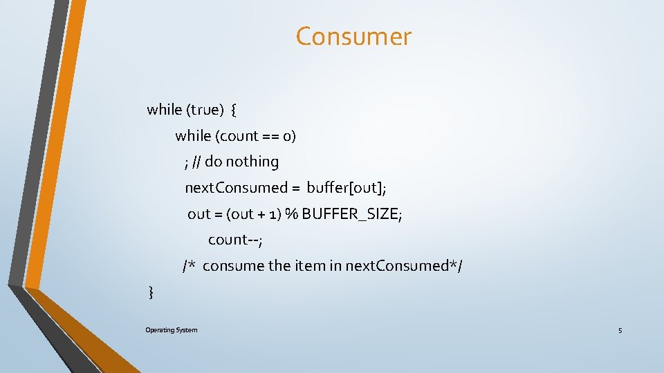 Consumer while (true) { while (count == 0) ; // do nothing next. Consumed