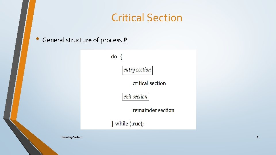 Critical Section • General structure of process Pi Operating System 9 