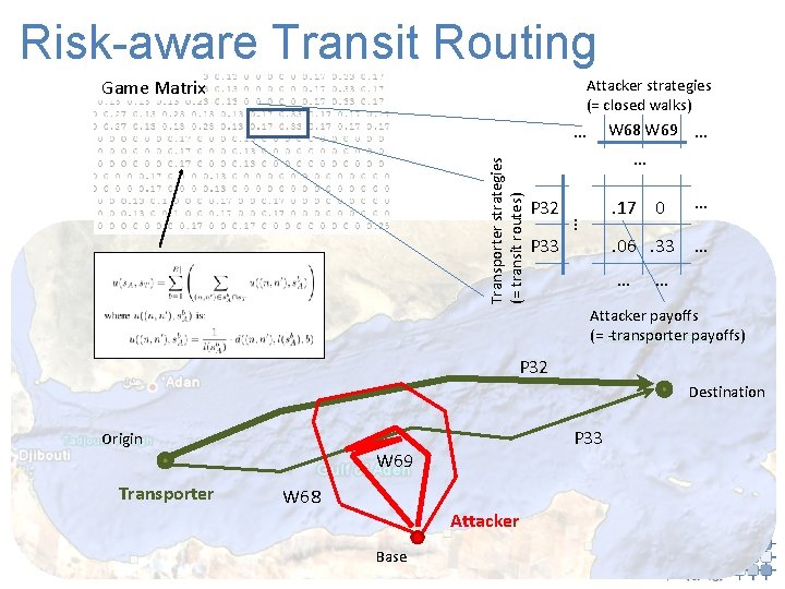 Risk-aware Transit Routing Game Matrix Attacker strategies (= closed walks) W 68 W 69