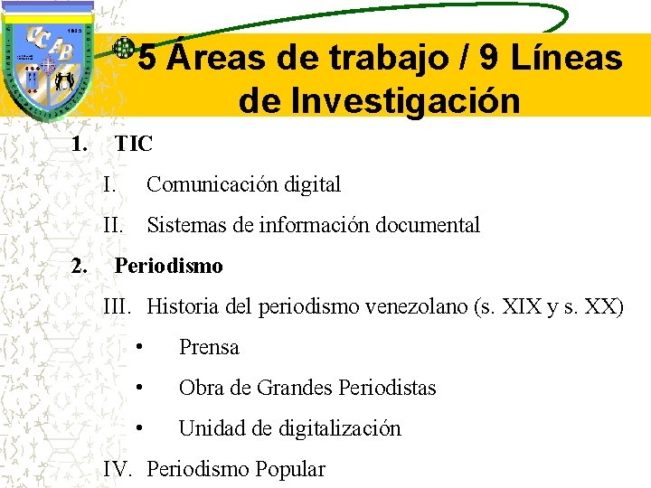 5 Áreas de trabajo / 9 Líneas de Investigación 1. TIC I. Comunicación digital