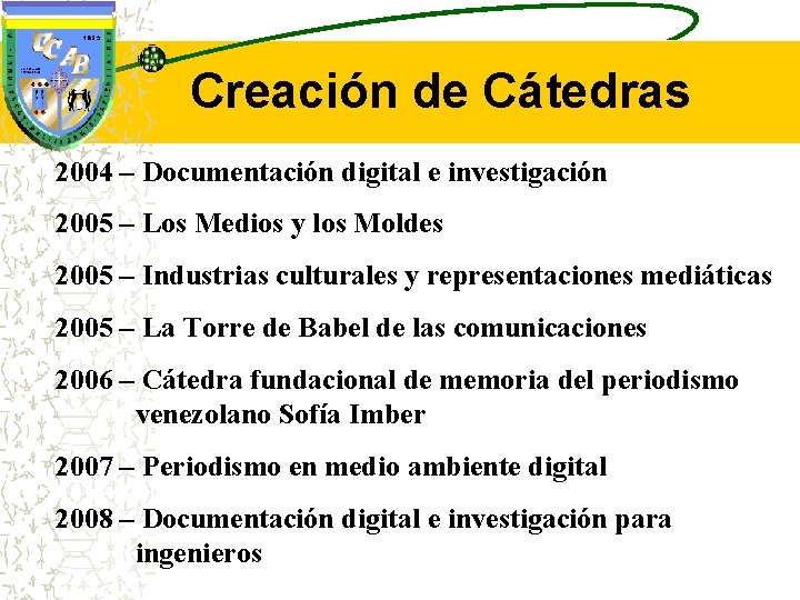 Creación de Cátedras 2004 – Documentación digital e investigación 2005 – Los Medios y