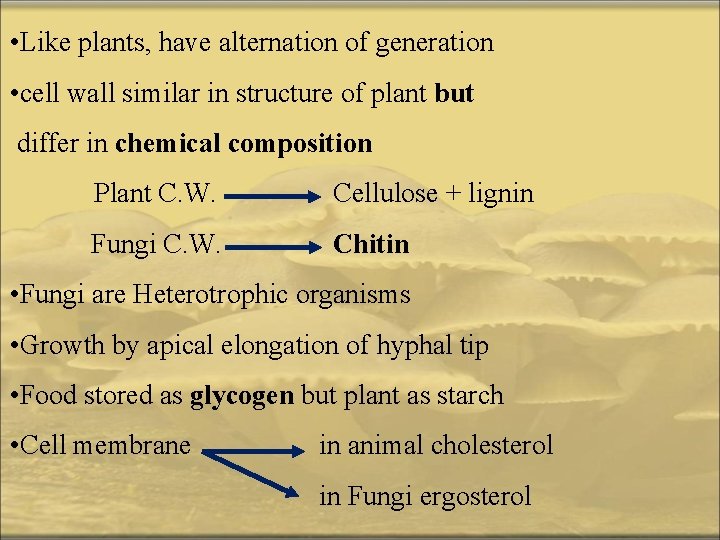  • Like plants, have alternation of generation • cell wall similar in structure