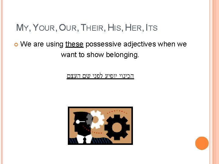 MY, YOUR, THEIR, HIS, HER, ITS We are using these possessive adjectives when we